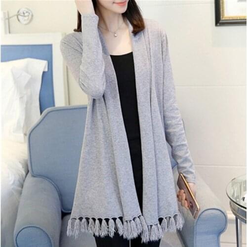 2020 Korea New Spring Autumn Women Tassel Sweater Coat Mid-length V-neck Loose Coat Shawl Sweater Coat Solid Female Casual Tops