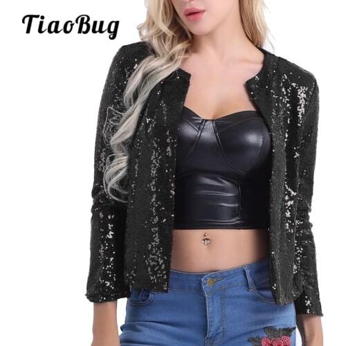 Womens Fashion Long Sleeve Crop Top Shiny Sequin Blazer Bolero Shrug Jazz Dance Coat