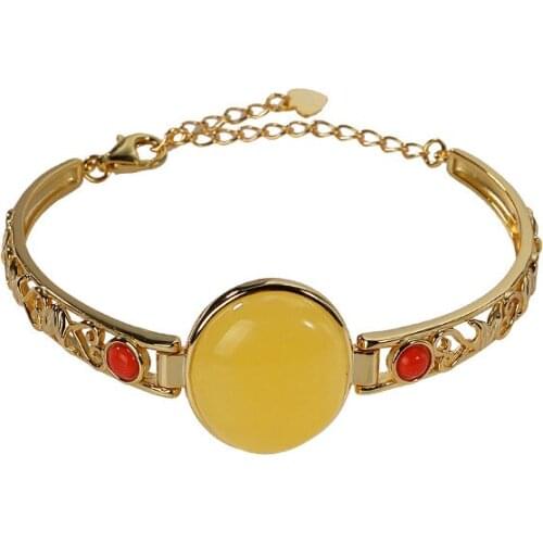 S925 sterling silver gold-plated natural amber bracelet vintage personality hollow out love women opening bracelet