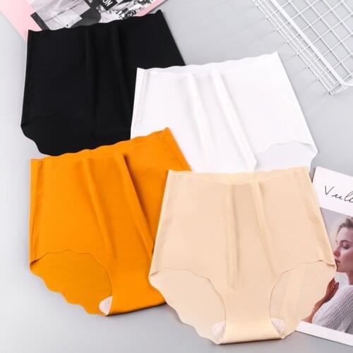 M-XXL Large Size High Waist Tummy Tuck Seamless Ice Silk Underwear Womens Cotton Crotch Breathable Buttocks Ruffled Solid Color