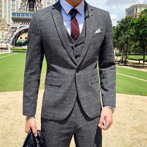 2021 NEW Spring Autumn Wedding Suits For Groom Mens Fashion Plaid Suit Elegant Mens Business Formal Office Suits 3 Piece