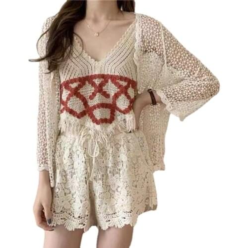 3pcs sets women summer holiday beachwear hook hollow out crochet sets women swimming sets