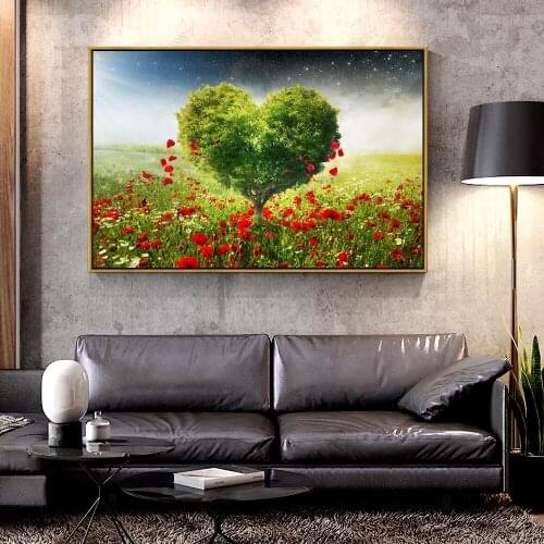 Artcozy Oil Canvas Painting green-tree-love-heart-petals-poppies-heaven For Home Decoration Wall Art