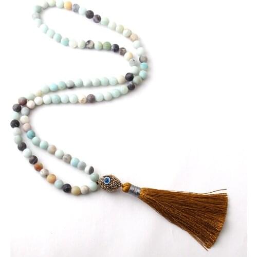 Free Shipping Amazonite Stones Bohemian Tribal Jewelry Oval Evil Eye Crystal Ball Tassel Necklace