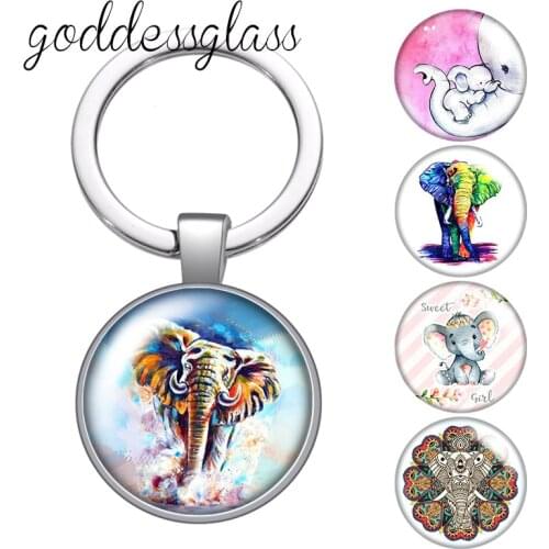Elephant Love animals cartoon elephants Round glass cabochon keychain Bag Car key chain Ring Holder Charms keychains for gift