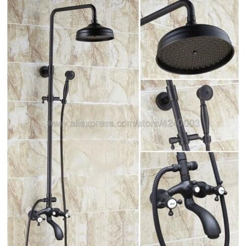 Black Oil Rubbed Brass Bathroom Shower Faucet Set Single Handle 8" Rainfall Shower System with Tub Spout + Handshower Khg111