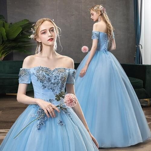 Long sky blue sweat lady girl women princess banquet party performace dance prom evening dress gown free shipping