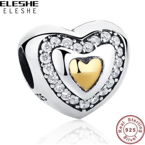 ELESHE Clear CZ Gold Heart Bead 100% 925 Sterling Silver Romantic Charm For Women fit Original Jewelry DIY Jewelry