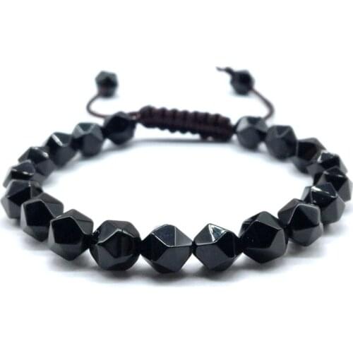 FYJS Unique Handmade Weave Irregular Shape Section Black Agates Elastic Bracelet Rose Pink Quartz Ethnic Style Jewelry