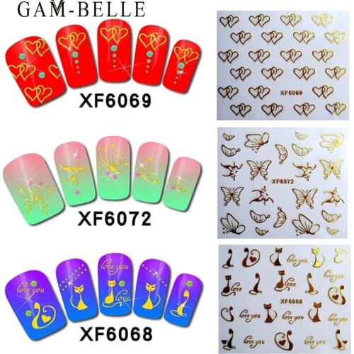 GAM-BELLE 1 Sheet 3D Gold Nail Sticker Golden Flower Bow Geometry Designs Decals Nail Art Decoration Adhesive Manicure Tools
