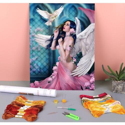 Black Angel Beauty Printed Water-Soluble Canvas 11CT Cross Stitch Kit Embroidery DMC Threads Painting Handicraft Handmade