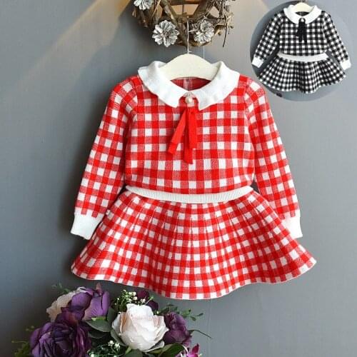Girls autumn new knitted sweater skirt two-piece suit baby girl plaid tie cute knitted sweater top sweet girl skirt suit 1-6 Yrs