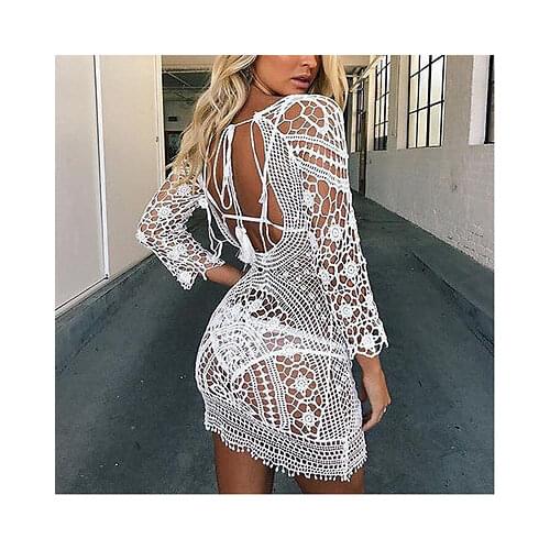 Summer White Lace Swimwear Cover Ups Womens Tunic Beach Dress Clothing Backless Bathing Suit Crochet Bikini Swimming Beach Wear