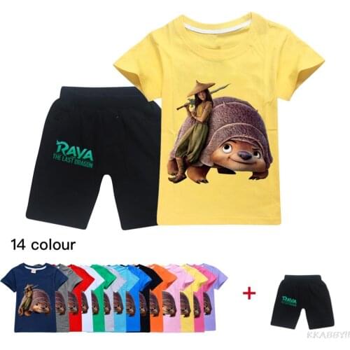 Disney Raya and The Last Dargon Summer Short-sleeved Cotton T-shirt + Shorts Childrens Clothing Set Baby Boy Girls Clothes
