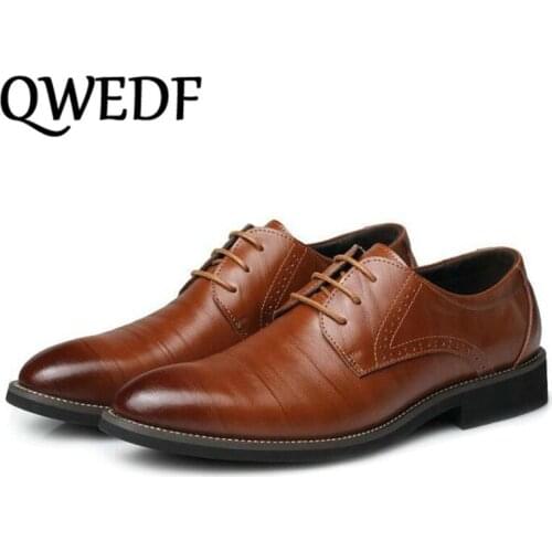 QWEDF 2019 new brend spring fashion men plus size comfortable leather shoes casual flat shoes lace up wedding dress Shoes DD-050