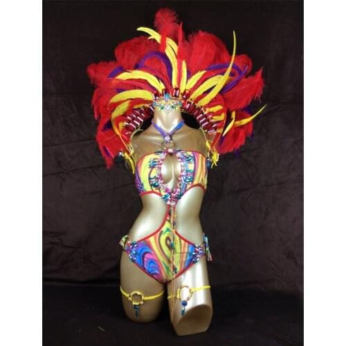 Free shipping hot selling Sexy Customized Samba Rio Carnival Costume with mulit-colors Feather Head piece(one piece costume)