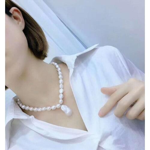 Hand knotted European and American style white 9-10mm baroque shape freshwater pearl pendant necklace fashion jewelry long 45cm