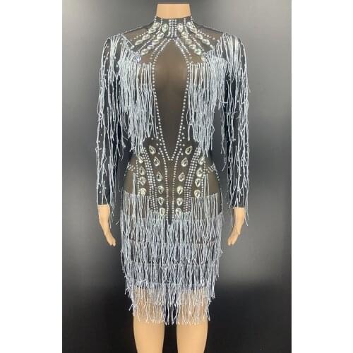 Sexy Stage Nightclub Rhinestone Fringe Transparent Black Short Dress Birthday Celebrate Dress Women Dancer Mesh Dress