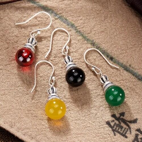 Silver antique mosaic yellow green black chalcedony agate pomegranate red high-end female earrings wholesale Earrings