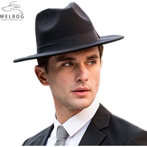 WELROG New Vintage Wide Brim Panama Fedoras Autumn Elegant Men Flat Brim Hats Black Belt Buckle Mens Winter Fedora Caps