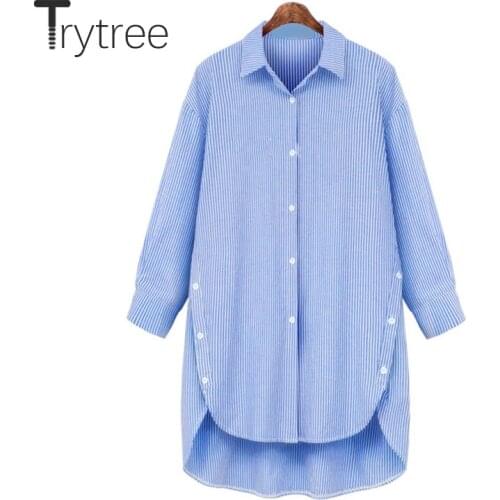 Trytree 2020 Spring Autumn Casual Blouse Women Striped Short Front Long Back Design Womens Shirts Office Lady Tops for Women