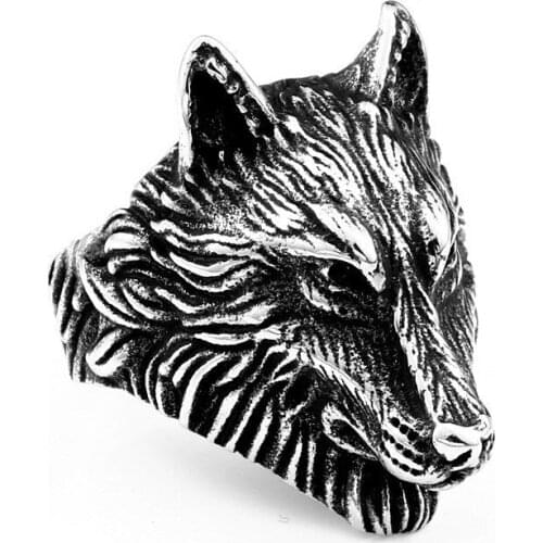 Vintage viking Wolf Head Biker Ring men punk silver animal Roaring Wolf Werewolf Head finger ring R00069