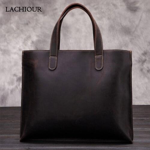 LACHIOUR Vintage Office Handbag Men Crazy Horse Genuine Leather Messenger Bag Male Coffee Business Laptop Bag Briefcase Totes