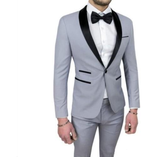 High Quality Back Vent One Button Light Grey Groom Tuxedos Shawl Lapel Groomsmen Mens Suits Blazers (Jacket+Pants+Tie) W:743