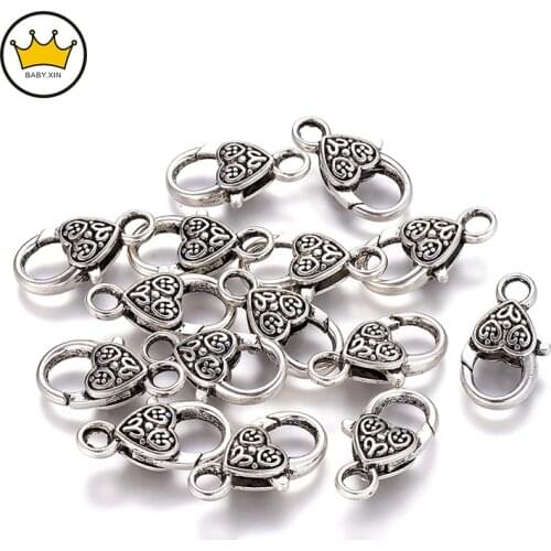 10pcs/lot 14x25mm Antique Silver Heart-shaped Lobster Clasp Hooks For Necklace Bracelet Chain DIY Jewelry Accessory Findings
