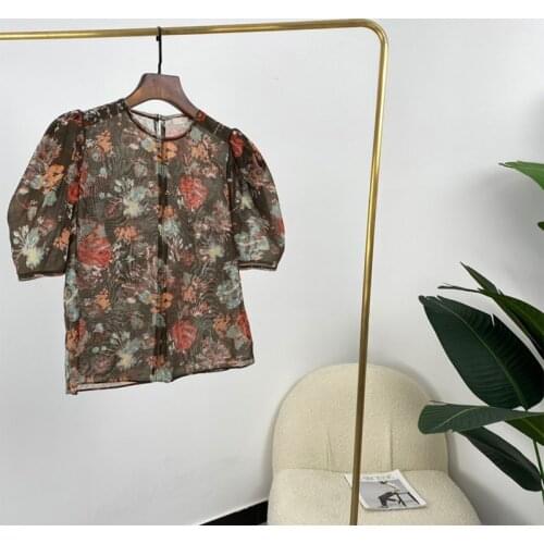 Short Puff Sleeve Silk Cotton Floral Blouses 2021 Summer New Arrival Top Quality Ladies Elegant Designer Tops