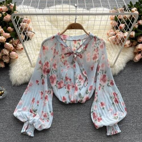 Women Chiffon Floral Blouse Sweet Bow Collar Puff Sleeve Casual Loose Tops Summer Korean Bohemian Vacation Blouses