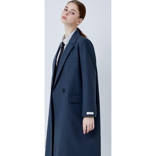 Fog blue medium long suit collar temperament windbreaker women 2021 popular autumn and winter new coat Korean loose coat
