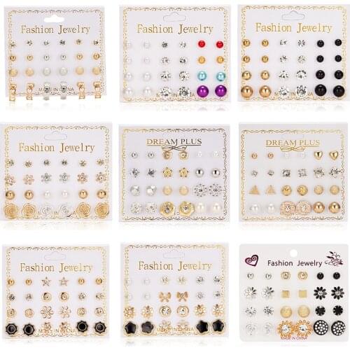 Women Trendy Stud Earrings Set With Card 12 Pairs/set Transparent Zircon Balls Love Flowers Card Earrings Piercing Jewelry