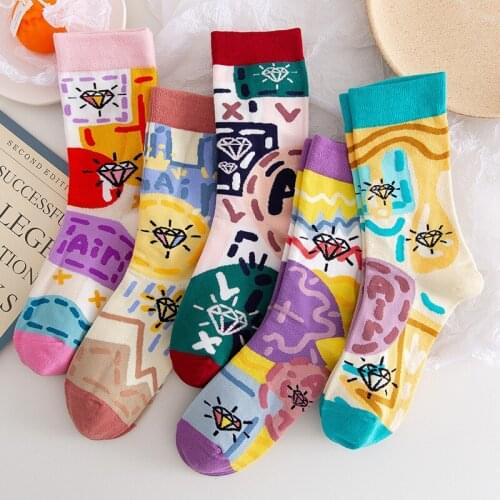 PEONFLY Creative High Quality Fashion Harajuku Kawaii Diamonds Pattern Happy Women Socks Korean Print Funny Socks Cute Socks