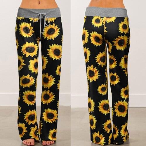 Womens Comfy Stretch Pants Sunflower Print Drawstring Pants Elastic WaistWide Leg Lounge Plus Size Pants Ropa Mujer 2021 New