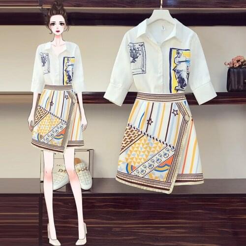 New 2020 Summer 2 Piece Set Women Fashion Print White Shirt Tops+High Waist Irregular Tassel Mini Skirt Ladies Casual Suits