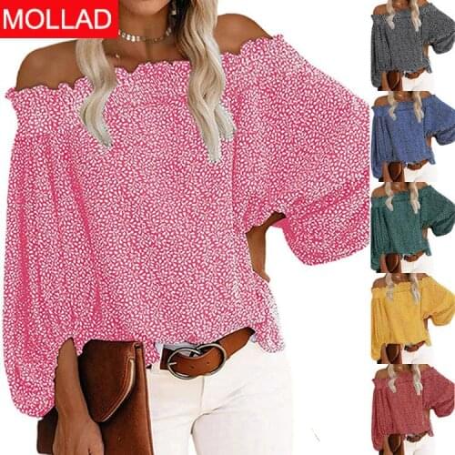Autumn Sexy off-Shoulder off-Shoulder Long Sleeve Chiffon Shirt New Lantern Sleeve Loose Top Womens Clothing