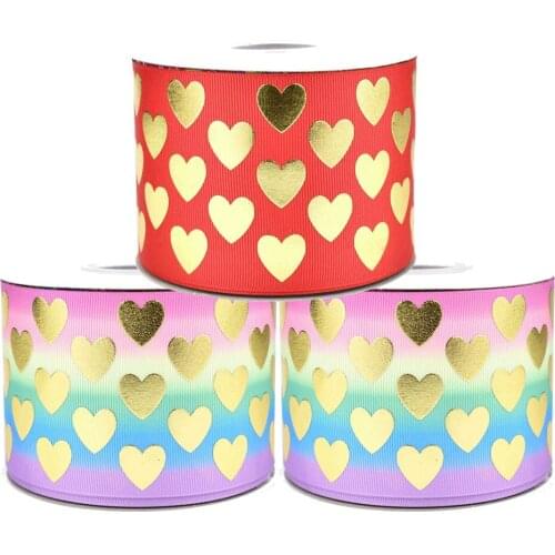 50yards 75mm Gold Foil Hearts Valentine Heart Grosgrain Ribbon For DIY Accessories Welcome Custom Printed