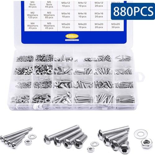 880PCS/Box M2-M5 M3 Round Head Stainless Steel Hexagon Hex Socket Head Button Allen Bolt Screw With Nuts Washers Assortment Kit