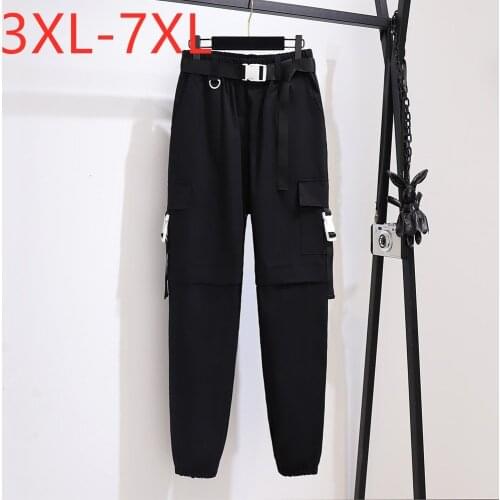 New Ladies Autumn Winter Plus Size Jogger Cargo Pants For Women Large Loose Cotton Pocket Black Belt Trousers 4XL 5XL 6XL 7XL