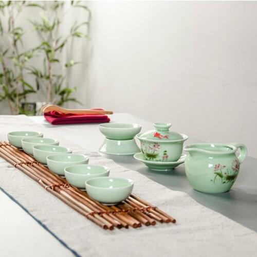 Tea Set Koi Celadon Tea Set With 6 cup 1 tea pot Chinese Kung Fu Tea Cup Teapot Garden Cup Teapot Tea Pot Drinkware Tea Ceremony