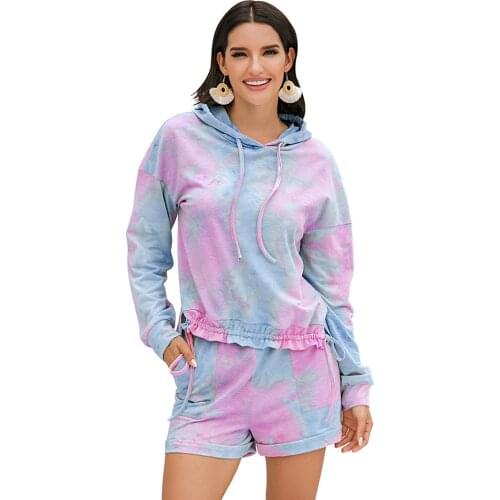 Fanco Tie-Dye Printing Womens Casual Long Sleeved Shorts Suit Fashion Homewear Hoodie Female Two Piece Set Outfits Tracksuit