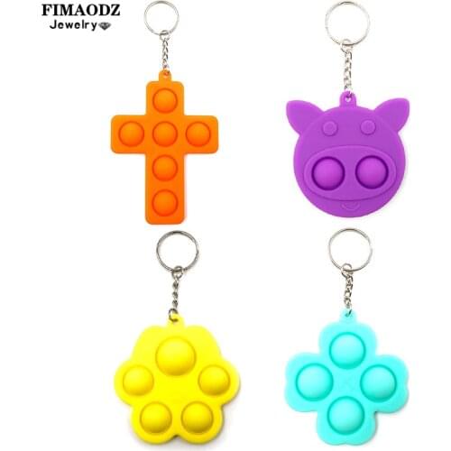 FIMAODZ Push Bubble Sensory Toy Keychain Anti Stress Push Bubble Fidget Pig Four Leaf Clover Cat Paw Cross Pendant Key Chain