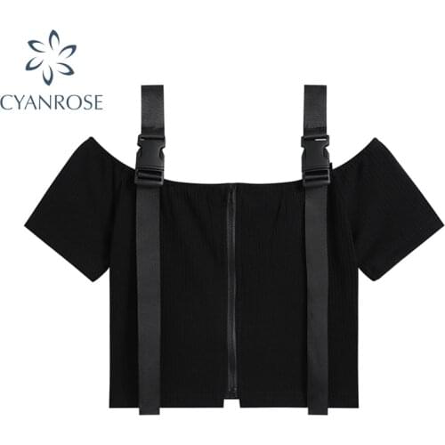 Gothic Black Off Shoulder Women Tees Zipper Short Sleeve straps T Shirt 2021 Summer Fashion Streetwear Causal Female Crop Tops