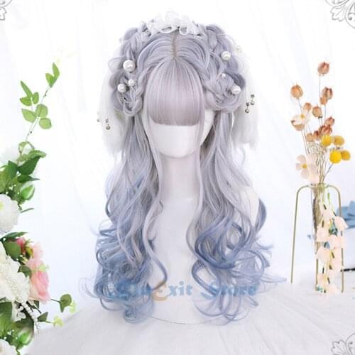 Gradual Blue Gray Lolita Wig Harajuku Fairy Cosplay Bangs Curly Body Wave Long Sweet Fringe Adult Girls Hair