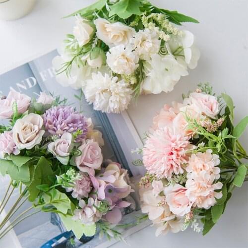 Artificial Flower Fake Silk Bulk Hydrangea Carnation Daisy Realistic Flowers Home Arrangement Wedding Layout Site Center Decor