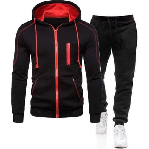 Mens Autumn Winter Tracksuit Zipper Hooded Sweatshirt and Pants 2 Piece Sports Suit Sportswear Jogger Running Suit Fitness Plus