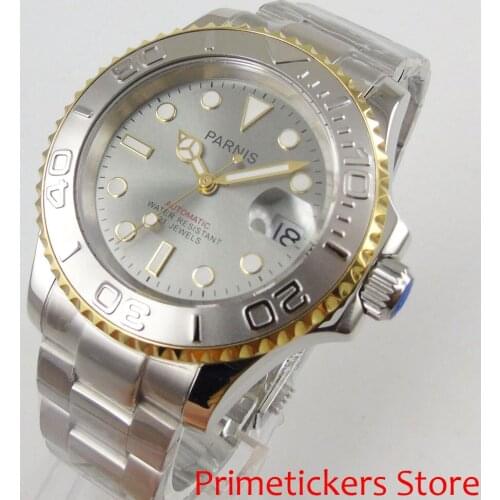 41mm PARNIS gray dial silver color ceramic bezel automatic mens watch date sapphire glass