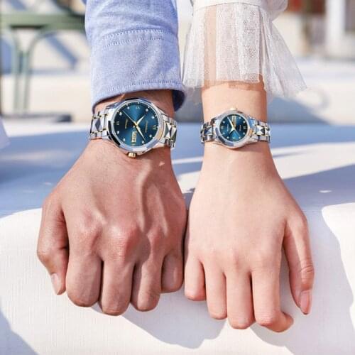 Mens Womens Tungsten Steel Double Calendar Automatic Mechanical Lovers Watch for Lover Men and Women