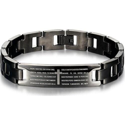 2018 New Stainless Steel Thick Bracelet Black Cross English Bible Adjustable Bracelet for Men Special Gifts
